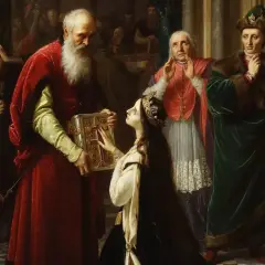 Młoda kobieta klęczy przed starszym mężczyzną, który podaje jej ozdobną księgę. W tle dostojne postacie, być może żony Jagiełły, obserwują scenę.