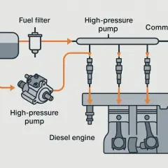 Schemat układu wtryskowego common rail w silniku Diesla: zbiornik paliwa, filtr, pompa wysokiego ciśnienia, listwa common rail i wtryskiwacze.
