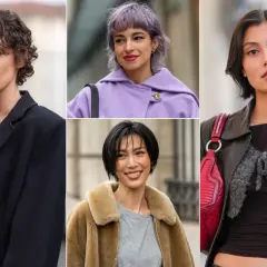Kobiety prezentują różne wersje bixie fryzury: kręcone, z grzywką, proste.