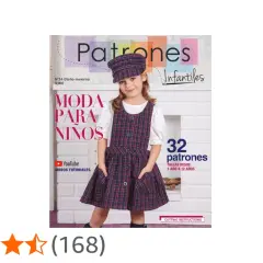 Niña sonriente con vestido de cuadros y gorra, portada de revista "Patrones Infantiles" con 32 plantillas para coser niños de 1 a 12 años.