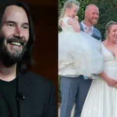 Keanu Reeves na ślubie, obok panny młodej i pana młodego z dzieckiem. Aktor wygląda na szczęśliwego, jakby poznał swoją przyszłą żonę.