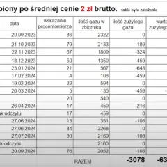 Tabela pokazuje miesięczne zużycie gazu w domu jednorodzinnym od września 2023 do września 2024, z podziałem na ilość i wartość.