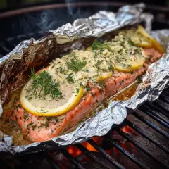 Lax i folie med citron och dill på grillen. Ångande och saftig, redo att serveras.