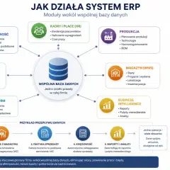 Schemat działania systemu ERP, integrującego moduły jak finanse, produkcja, magazyn (WMS) i sprzedaż wokół wspólnej bazy danych. System usprawnia procesy, podobnie jak MRP.