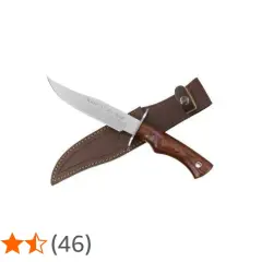 Cuchillo con mango de madera de muela marrón y funda de cuero.