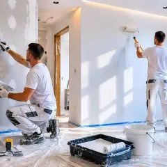 Dwóch fachowców przygotowuje ściany do malowania. Jeden szpachluje, drugi maluje. Sprawdź, jaka jest szpachlowanie cena.