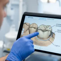 Dentysta w niebieskiej rękawiczce pokazuje na tablecie spiłowane zęby pod korony, analizując preparację.