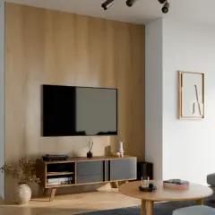 Nowoczesny salon z dominującą ścianą z desek, na której wisi telewizor. Obok stoi komoda z dekoracjami.