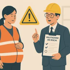 Un datore di lavoro con casco e occhiali discute con una donna incinta in giubbotto ad alta visibilità. Il datore di lavoro è tenuto a valutare i rischi per garantire la sicurezza.