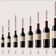 Rząd butelek wina Michel, od najmniejszej (Split, 0.187 L) do największej (Melchior, 18.0 L), z nazwami i pojemnościami.