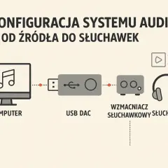 Schemat konfiguracji audio: komputer, USB DAC, wzmacniacz słuchawkowy i słuchawki. THD to parametr jakości dźwięku.