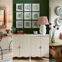 Stylish vignettes offer **empty corner ideas**: a console with a mirror, a cabinet with framed stamps, and a dining nook with decorative plates.