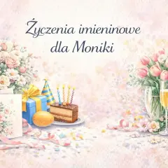 Wesołe życzenia imieninowe dla Moniki! Bukiet róż, tort ze świeczkami, szampan i prezenty.