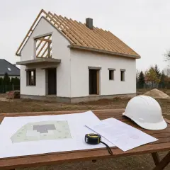 Plany i biały kask budowlany na stole przed domkiem na zgłoszenie w stanie surowym.