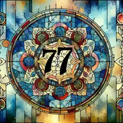 Buntglasfenster mit Mandala und der Zahl 77. Die 77 bedeutung bibel symbolisiert göttliche Vollkommenheit und Erneuerung.