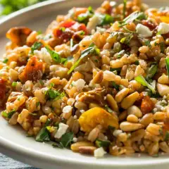 Insalata di farro con pomodori secchi, pinoli e feta. Un'idea fresca per le tue ricette fredde estive.