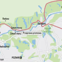 Mapa Puszczy Noteckiej z zaznaczonymi miejscowościami: Radogoszcz, Sieraków, Międzychód, Gorzyń, Chojno-Wieś. Widoczna rzeka Warta.