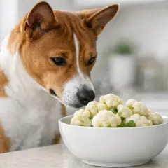 A curious dog sniffs a bowl of cauliflower, wondering if dogs can eat cauliflower.