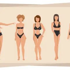 Ilustracja pokazuje pięć typów sylwetek kobiecych, w tym figurę klepsydra, i podpowiada, jak się ubierać, by podkreślić atuty każdej z nich.