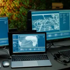 Kilka monitorów i laptop wyświetlających dane i mapy w niebieskich barwach.