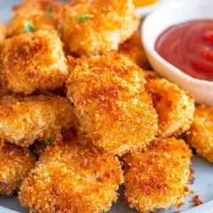Chrupiące nuggetsy z airfryer na talerzu, obok miseczka z ketchupem. Idealna przekąska dla każdego.