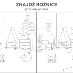 Znajdź różnice do druku: pokój dziecięcy z zabawkami, choinką i meblami.