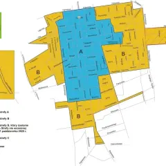 Mapa stref taryfowych w Łodzi: obszary A (niebieski), B (żółty) i C (zielony).