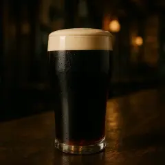 Un verre de bière irlandaise sombre avec une mousse crémeuse, posé sur un comptoir en bois.