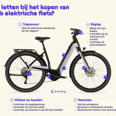 Een elektrische fiets met een actieradius van 40-80 km, afhankelijk van de accu. Let op de accu, motor en remmen bij aankoop.
