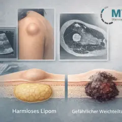 Vergleich: harmloses Lipom (Fettgewebe) und gefährlicher Weichteiltumor im Querschnitt. Ultraschallbild und MRT-Aufnahme zeigen die Unterschiede.