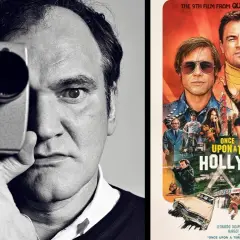 Quentin Tarantino håller en filmkamera. Bredvid syns filmaffischen för "Once Upon a Time in Hollywood".