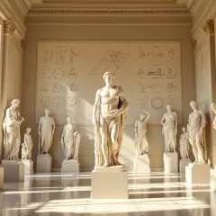 Wnętrze muzeum z klasycznymi rzeźbami greckimi, w tym męskimi postaciami w togach i schematycznymi rysunkami na ścianie.