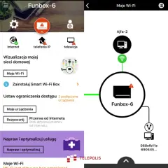 Aplikacja Orange pokazuje jak zmienic haslo do wifi w Funbox-6. Widzimy opcje "Zmień hasło" i "Ustawienia modemu".