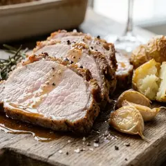 Arista al forno succulenta su tagliere di legno, con patate arrosto, aglio e rosmarino.