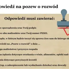 Dostałem pozew o rozwód co dalej? Lista elementów odpowiedzi na pozew: dane, sąd, opis małżeństwa, żądania.