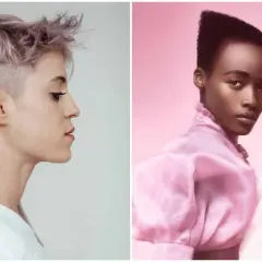 Dos mujeres con pelo rapado, una con un estilo despeinado y color lavanda, la otra con un corte pixie y tinte rosa vibrante.