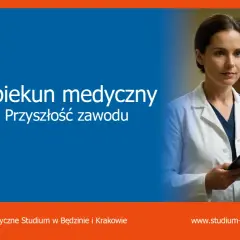 Opiekun medyczny kurs: przyszłość zawodu. Lekarka z dyplomem w ręku i stetoskopem na szyi, w tle pacjent.