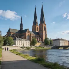Promenad längs Fyrisån med Uppsala domkyrka i bakgrunden. Perfekt för gratis aktiviteter Uppsala.