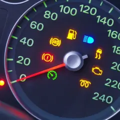 Cruscotto auto con spie accese: serbatoio, ABS, luci blu, controllo stabilità, motore e altre. L'ago del tachimetro indica una velocità bassa.