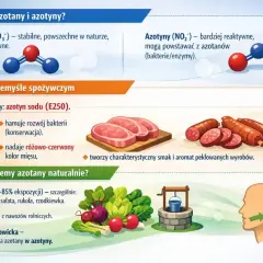 Azotany i azotyny w żywności: stabilne azotany (NO₃⁻) i reaktywne azotyny (NO₂⁻). Azotyn sodu (E250) konserwuje mięso, nadaje kolor i smak. Źródła naturalne: warzywa, woda.