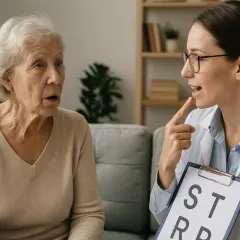Orthophoniste guidant une personne âgée dans des exercices de parole. Le tableau affiche des lettres pour des exercices orthophoniques.