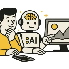 Człowiek zastanawia się, czy sztuczna inteligencja ma świadomość, gdy robot AI wskazuje na obraz na monitorze.