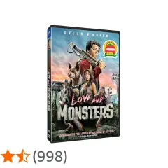DVD-omslag för "Love and Monsters" med Dylan O'Brien, en hund och andra karaktärer som kämpar mot monster i en postapokalyptisk värld.
