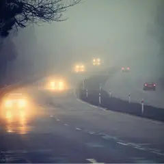 Samochody na mglistej drodze, ich światła przeciwmgielne przebijają się przez gęstą mgłę, tworząc świetlistą poświatę.