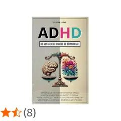 Okładka książki "ADHD od mentalnego chaosu do równowagi". Waga symbolizuje równowagę między mózgiem a kolorowymi kwiatami, sugerując skuteczne leczenie ADHD.