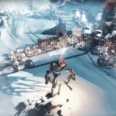 Mechaniczna maszyna przemierza mroźne pustkowie, zbliżając się do osady. Frostpunk - poradnik.