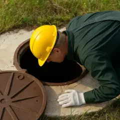 Pracownik w żółtym kasku pochyla się nad otwartym włazem szamba.