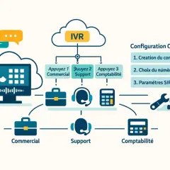Schéma d'un système IVR OVH avec configuration SIP, gestion des appels commerciaux, support et comptabilité.