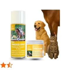 Zinkoxid spray och salva för djur. En hund, en katt och en häst syns bredvid produkterna. Zinkoxid är inte farligt för djur.
