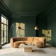 Elegant crown molding ideas enhance this dark green room, framing large windows and adding depth to the ceiling.